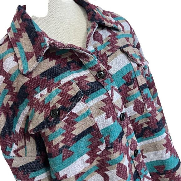 Aztec boho flannel schacket blue burgundy sweater jacket size med oversized - Picture 2 of 15